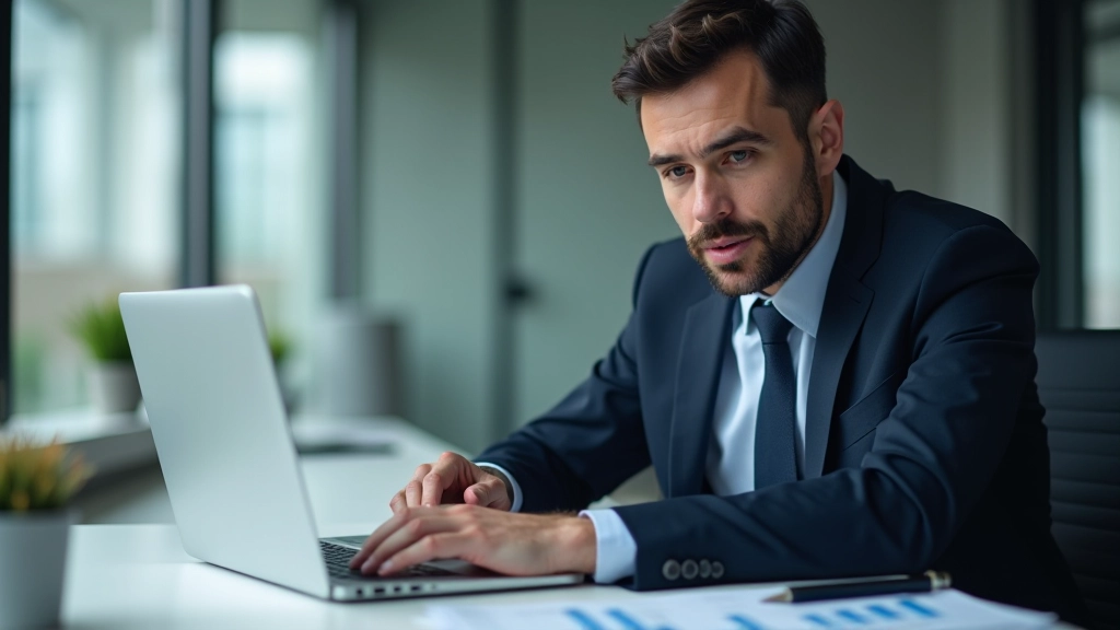 Investiční poradce při analýze grafu výkonnosti na notebooku v kancelářském prostředí