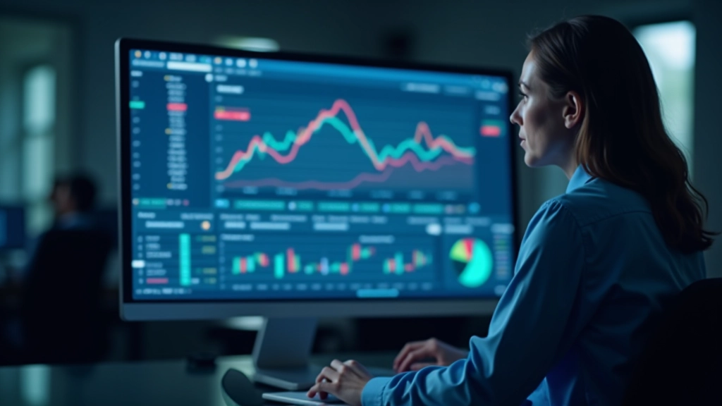 Finanční grafy a statistiky zobrazující historii výkonnosti fondu na velkém monitoru v práci