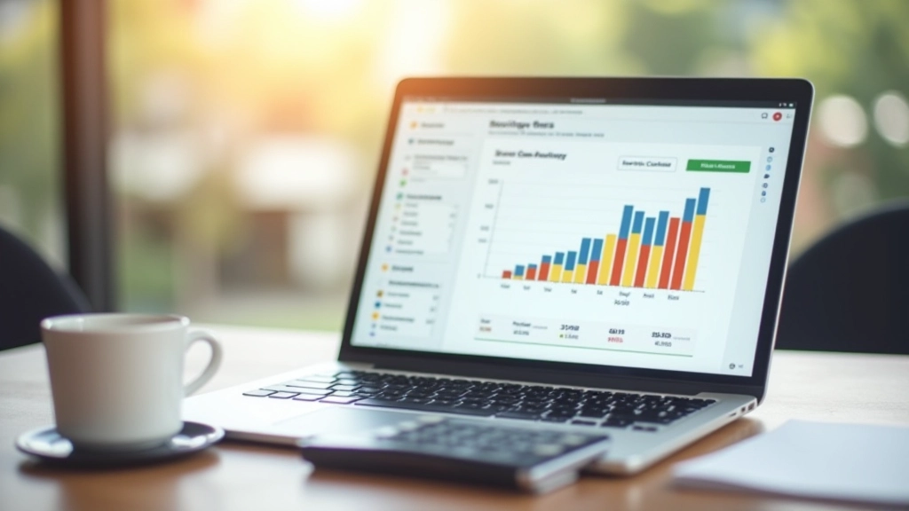 Finanční tabulka na monitoru s grafem růstu a kalkulačkou na stole