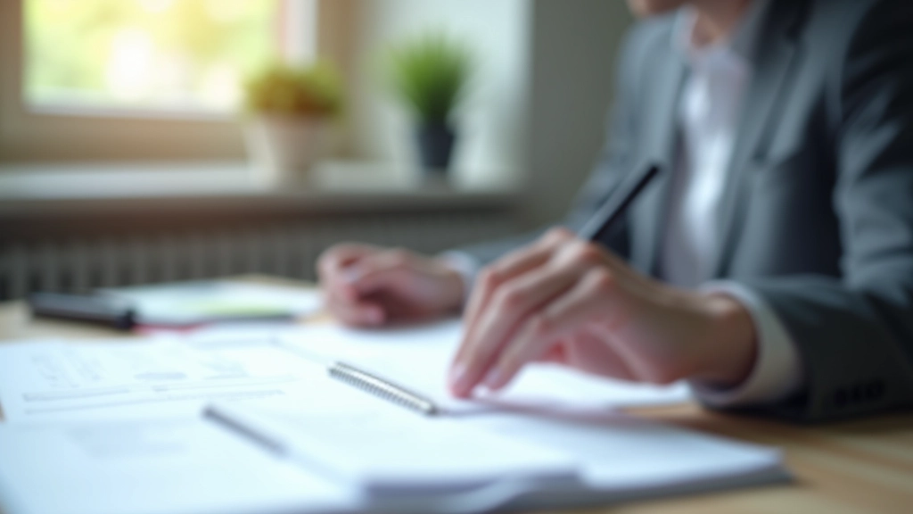 Osoba při čtení a analýze finanční dokumentace u stolu s notebookem