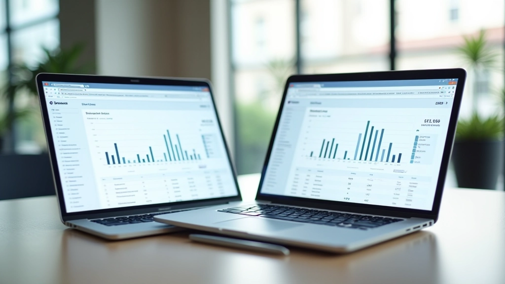 Dva počítače vedle sebe porovnávající data a výkonnost různých penzijních fondů